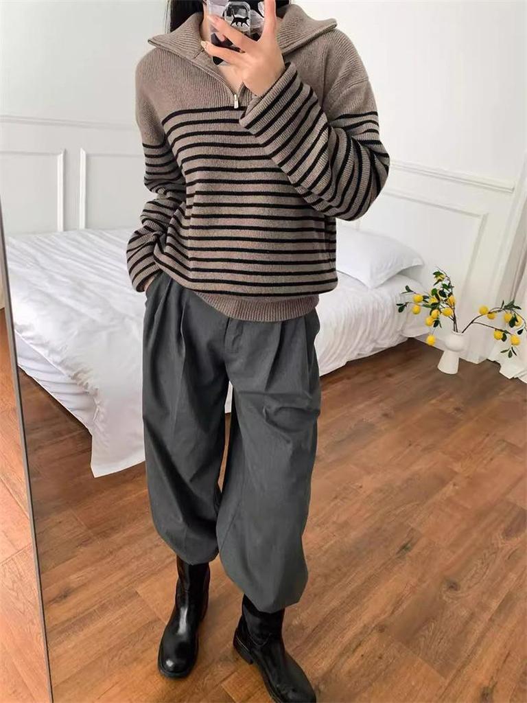Women's French Retro Striped Half-Zip Knit Sweater - High Neck, Loose Fit for Autumn/Winter