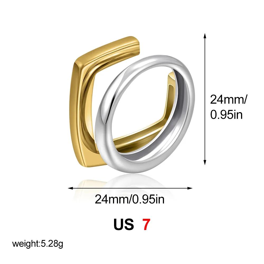 Creative Design Double-layer Square Circular Ring for Women Mixed Color Two-tone Personality Geometric Stainless Steel Jewelry us size 6