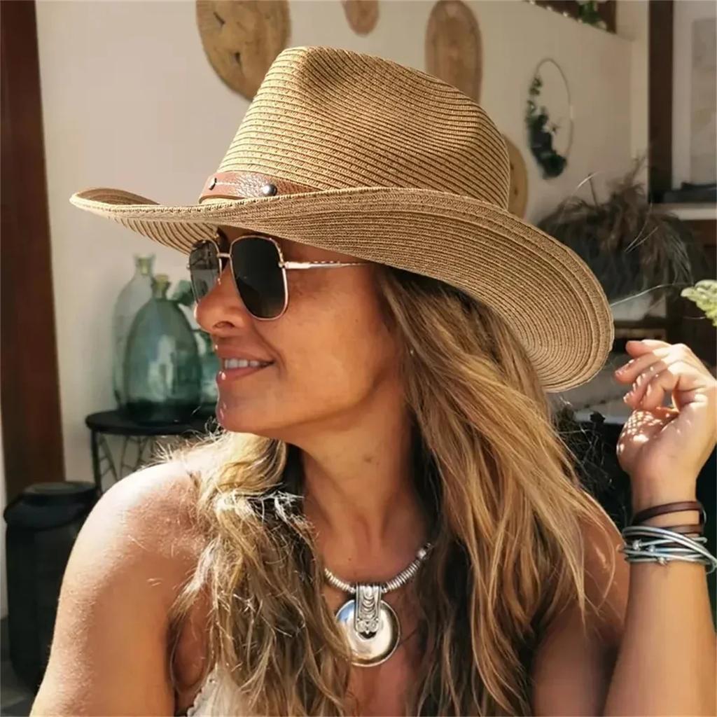57-62cm Western Cowboy Hat - Stylish Jazz Sun Hat for Men & Women, Wide Brim Beach Hat with Windbreak Rope