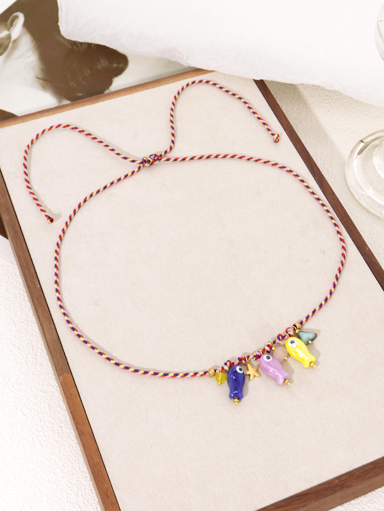 Шарм Керамический Мультяшная Рыбка Подвеска Неправильный Гравий Цветная Плетеная Веревка Регулируемый Женский Ожерелье Вечеринка Украшения