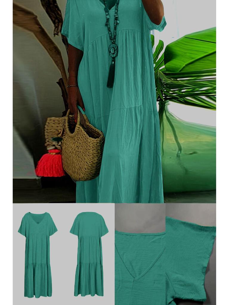 2025 Sommer Damen Einfarbig Locker Kurzarm Schwingkleid