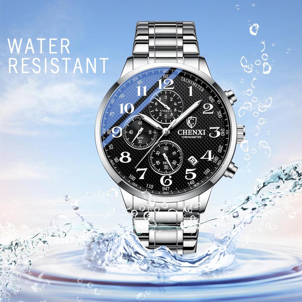 Men's Watch with Stopwatch, Analog Display, Silver: Luminous, Calendar, 3ATM Water Resistant, Stainless Steel, Quartz Movement, Suitable for Leisure,