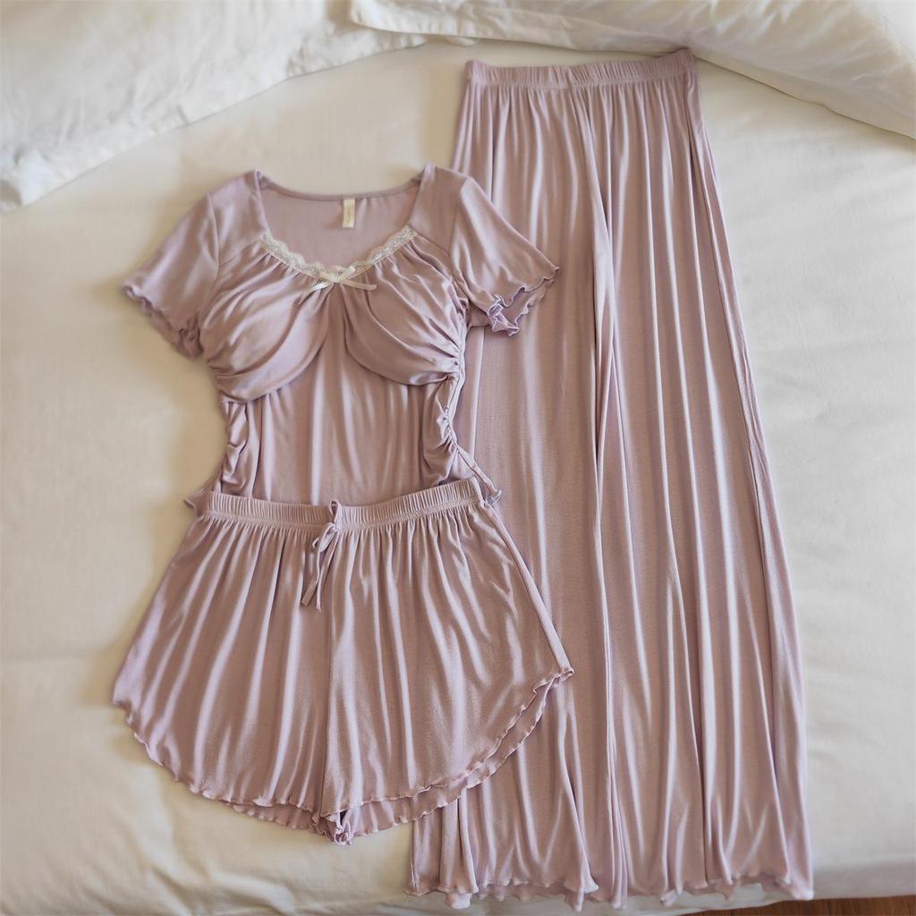 Women's Modal Pajama Set: Summer Short Sleeve & Long Pants with Chest Pad