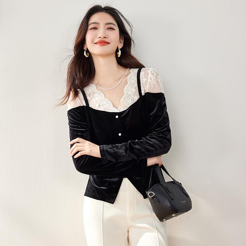 Spring New Women's Lace Stitching Velvet Inner Sexy V-Neck Shirt