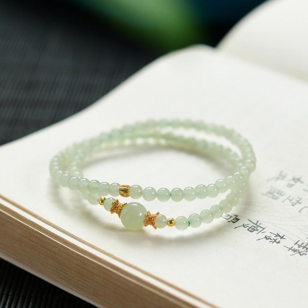 Fresh Hetian Jade & 925 Silver Double Circle Bracelet with Luck Beads