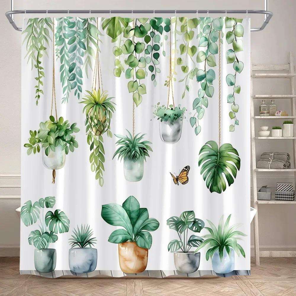 Green Plant Shower Curtains Watercolour Vine Leaves Butterfly Potted Plants Modern Polyester Fabric Home Bathroom Curtain Decor