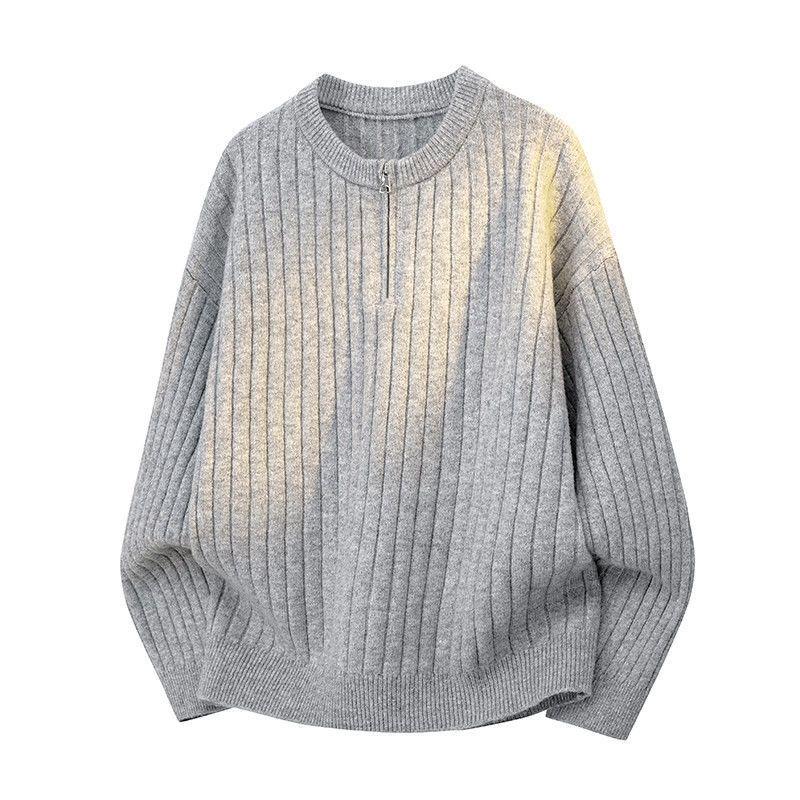 Men's Casual Ribbed Knit Sweater - Autumn/Winter Round Neck Loose-Fit.