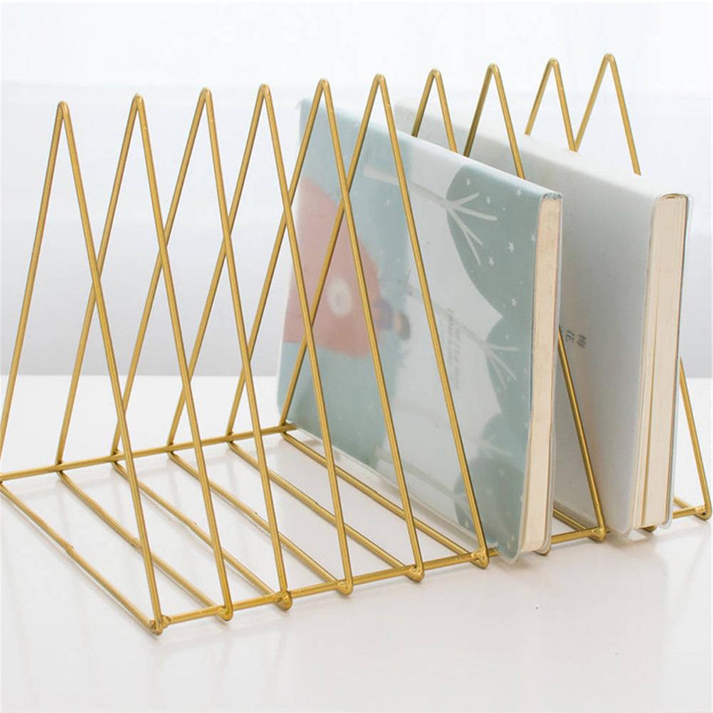 Multifunctional  Iron Triangle Desktop Bookshelf Books Magazines Rack Holder Gold