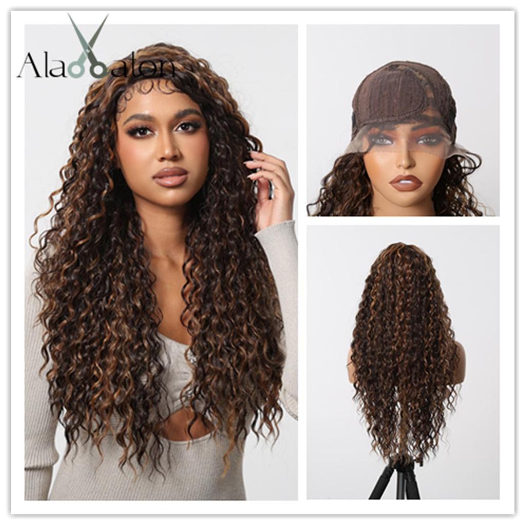 ALAN EATON Long13x4x1 Lace Synthetic Wigs Brown Highlight Golden Curly Wig for Black Women Natural High Density Daily Use