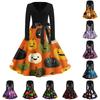 Women's Casual Vintage V Neck Dress with Long Sleeves Halloween Print Full Skirt Midi Dress with Waist Tie for Everyday Wear