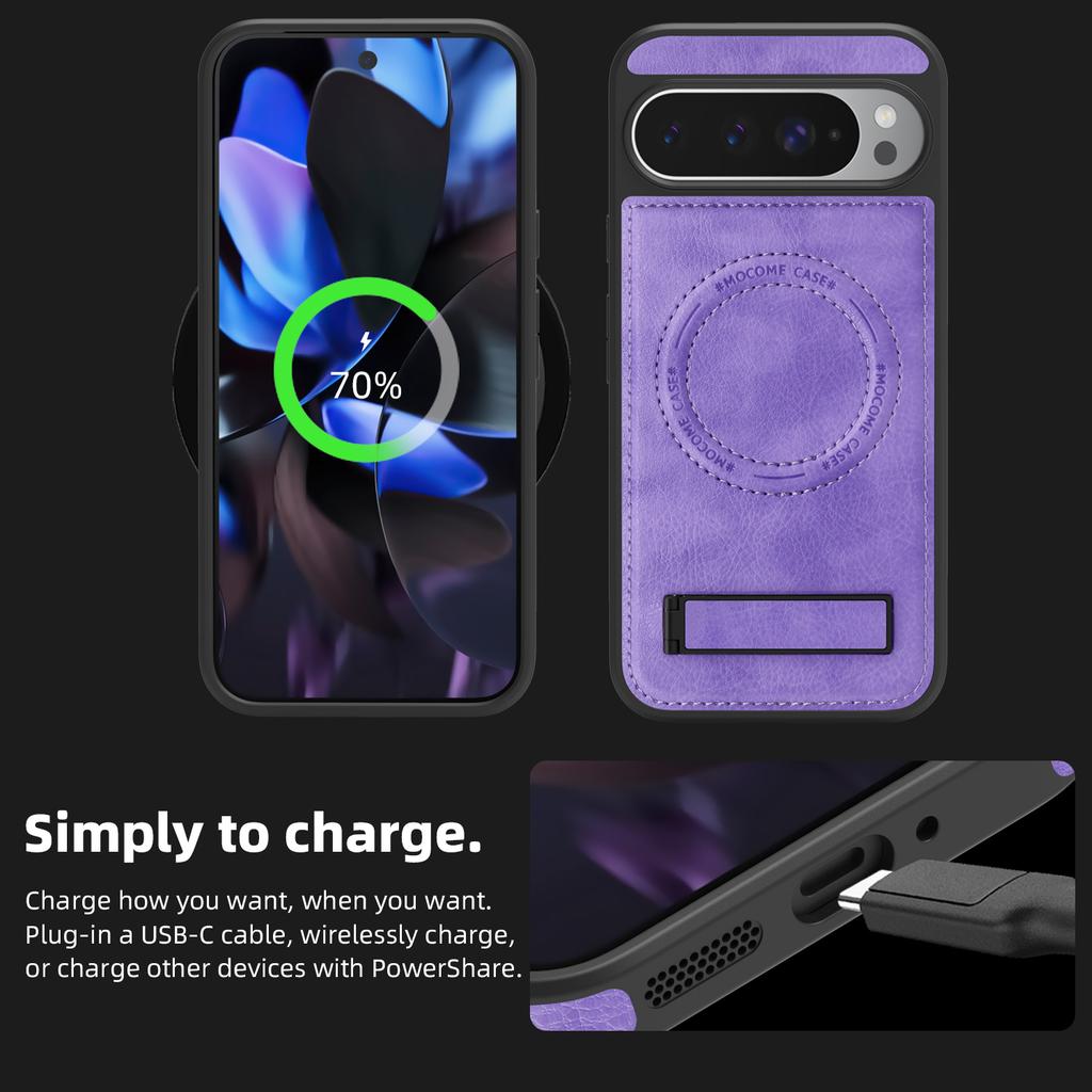 For Google Pixel 9 Pro XL Case Compatible with MagSafe Kickstand Leather Phone Back Cover