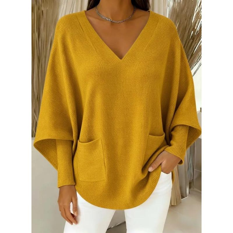 VEZFAA Damenmode, lässig, Herbst/Winter, einfarbig, bedruckt, langärmelig, V-Ausschnitt