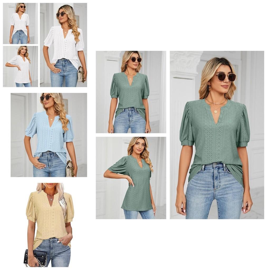 Stylish V-neck Solid Color Blouse With Short Sleeve Cut Out Lace