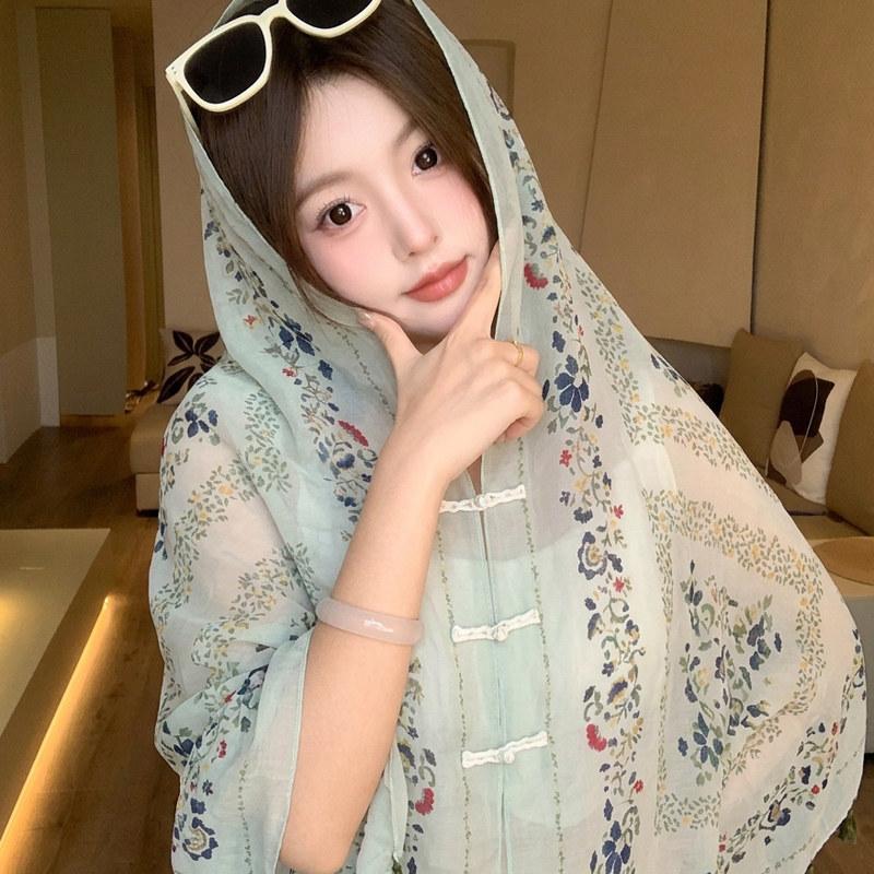 Small fresh white floral silk scarf women's summer travel buckle sunscreen large shawl beach towel thin yarn scarf scarf