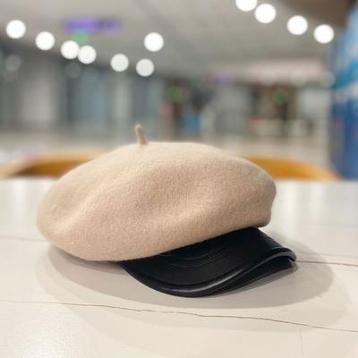 Designer Big Top Leather Along Wool Cap Beret Femininity Small Octagonal Hat