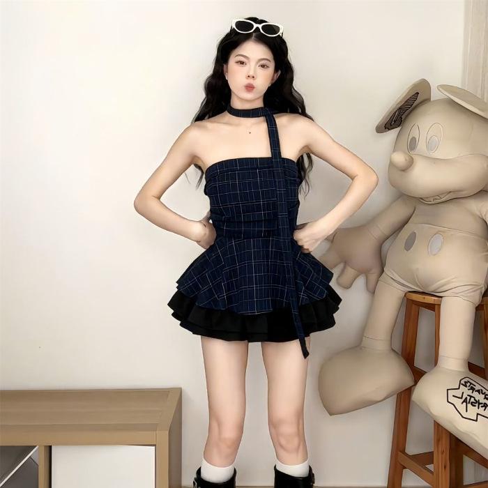 Navy blue retro Spice Girl plaid streamer neck tube top women's summer wear design slim top