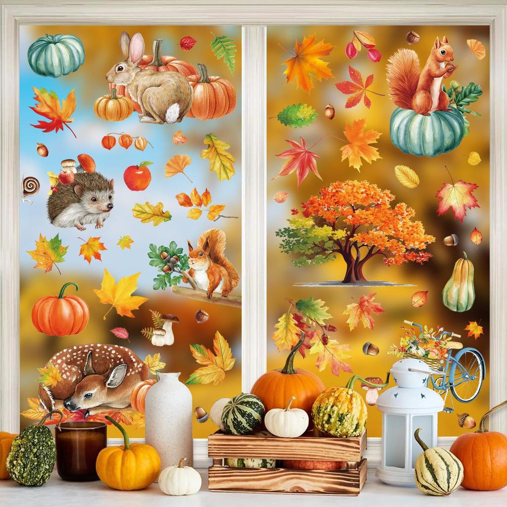 Thanksgiving Autumn Leaves & Pumpkins Window Clings - Cartoon Squirrel Decorations
