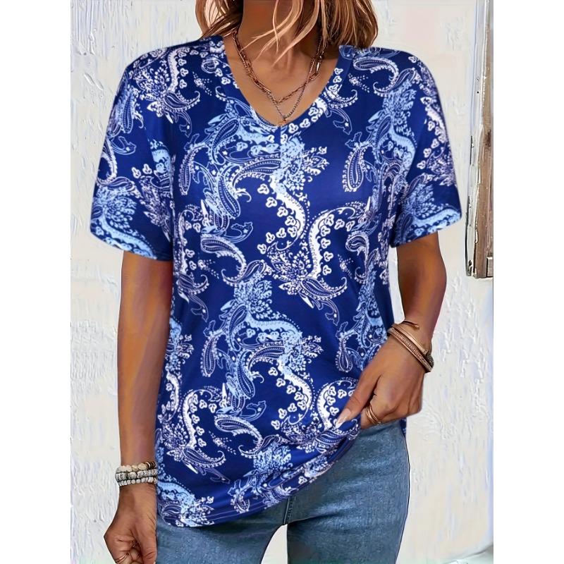 T-shirt Women's Summer Casual Elegant V-neck Short Sleeve Retro Floral Top Loose Casual Wear Ladies T-shirt