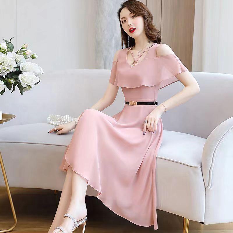 Schulterfreies Chiffonkleid mit Rüschen und Gürtel für den Sommer im koreanischen Stil, schmale, mittellange Taille und dünner, trägerloser Feenrock im Temperament für Damen