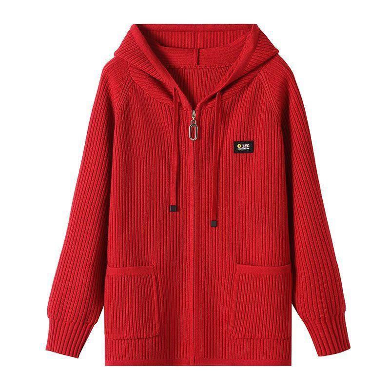 Spring and Autumn Hooded Knitted Cardigan Women's Zipper Hooded Sweater Jacket Top