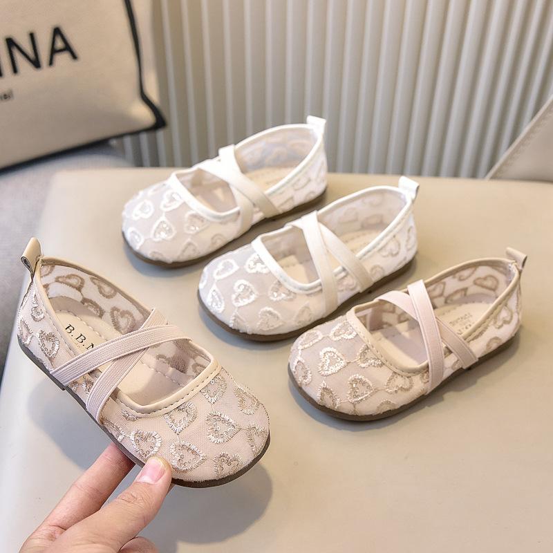 Spring Summer Girls Lace Heart Pattern Princess Sandals Flat Shoes