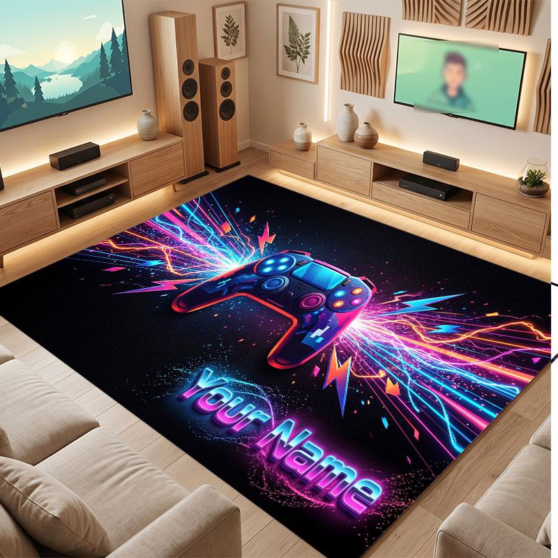 Tapis de sol en velours cristal thème manette de jeu Tapis chaud personnalisé avec nom texte Décoration de maison