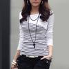Mode Frühling Frauen Streifen Druck Langarm Rundhals T-Shirt Slim Fit Top