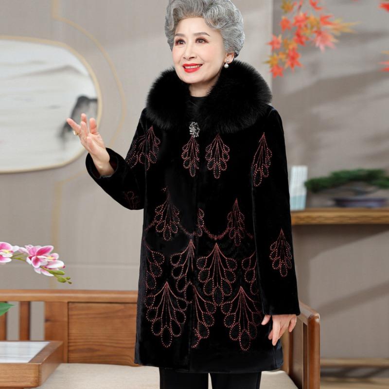 

Зимнее пальто для пожилых женщин среднего возраста, флисовое утепленное зимнее пальто с хлопковой подкладкой, пальто из золотого бархата для бабушки, одежда для пожилых 5XL (recommended 150-82.5kg) чёрный