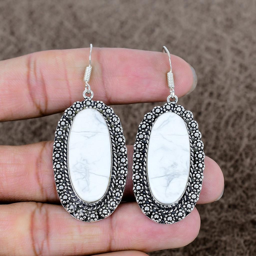 Howlite Jasper Gemstone Handmade 925 Sterling Silver Jewelry Earring 2.44" KKG-685