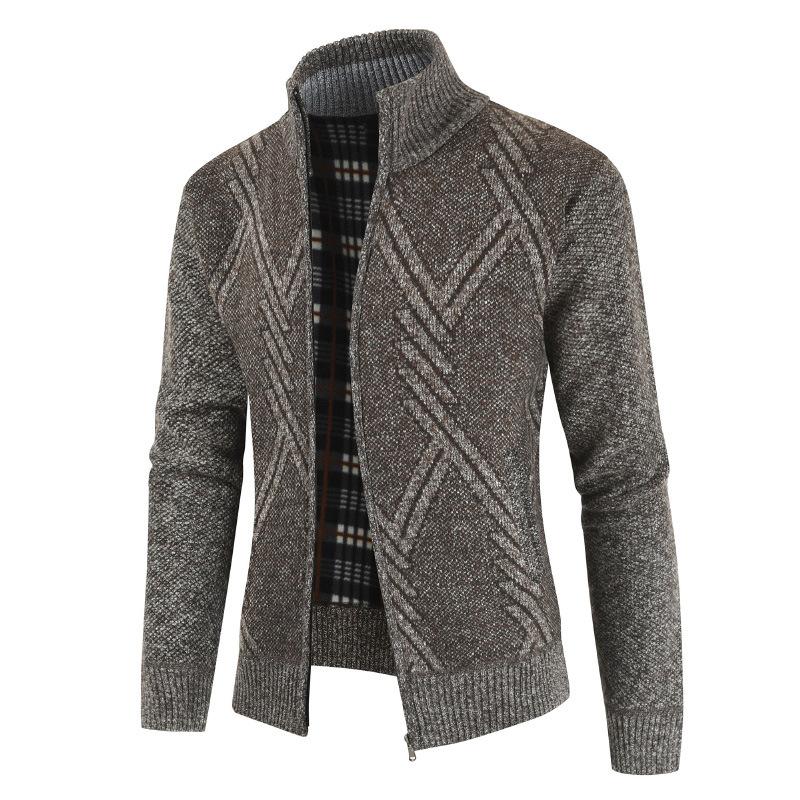 Autumn Winter New Style Argyle Knit Cardigan Fashion Casual Versatile Stand Collar Long Sleeve Men's Sweater Coat