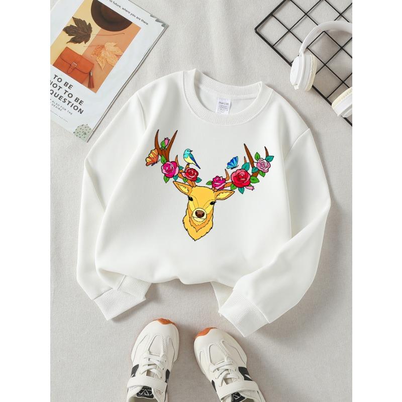 European sizes Girls Soft Crewneck Sweatshirt Deer Head with Roses And Birds Print, Casual for Fall Winter, Ideal Holiday Present.