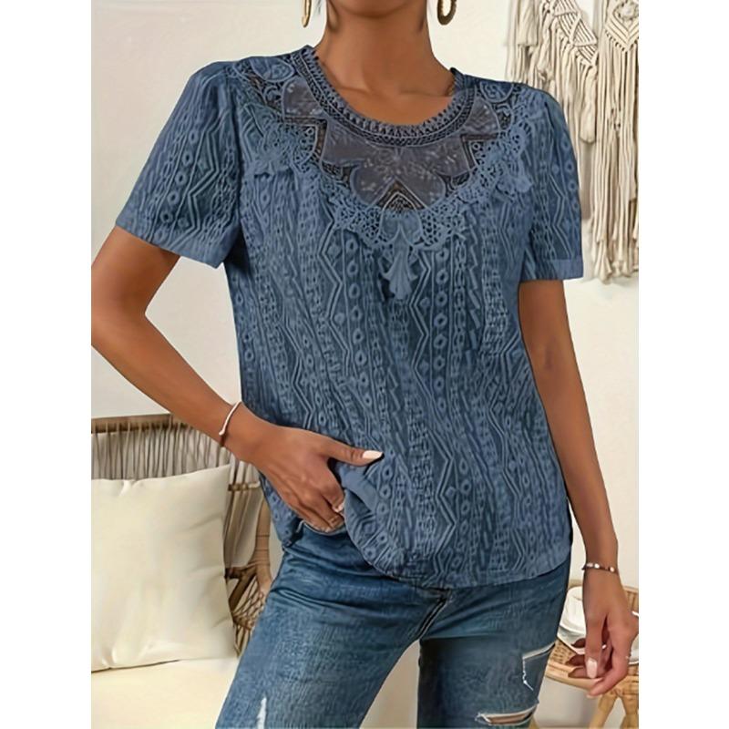 Sommer Neuer Stil Spitze Nähte Hohl Rundhals Einfarbig Kurzarm Hemd Top