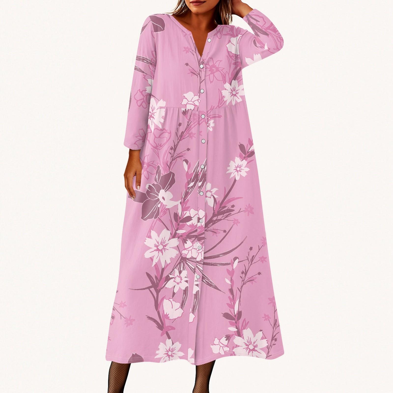 

Women s Fashionable Printed Round Neck Seven Quarter Sleeve Button Loose Shirt Dress XXL рожевий