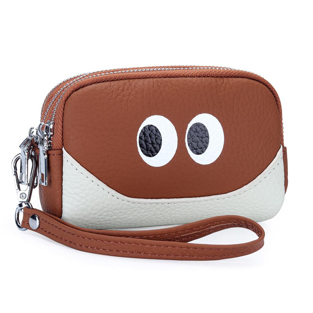 Porte-monnaie amusant à 3 fermetures éclair avec yeux de dessin animé - Mini portefeuille en cuir véritable avec dragonne, Pochette à monnaie portable pour pièces, clés et cartes