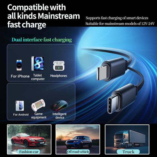 Car Charger with Free Adjustment Bluetooth-compatible 5.0 Headphones PD3.0 Fast Charging 4-Port USB Type-C Charger