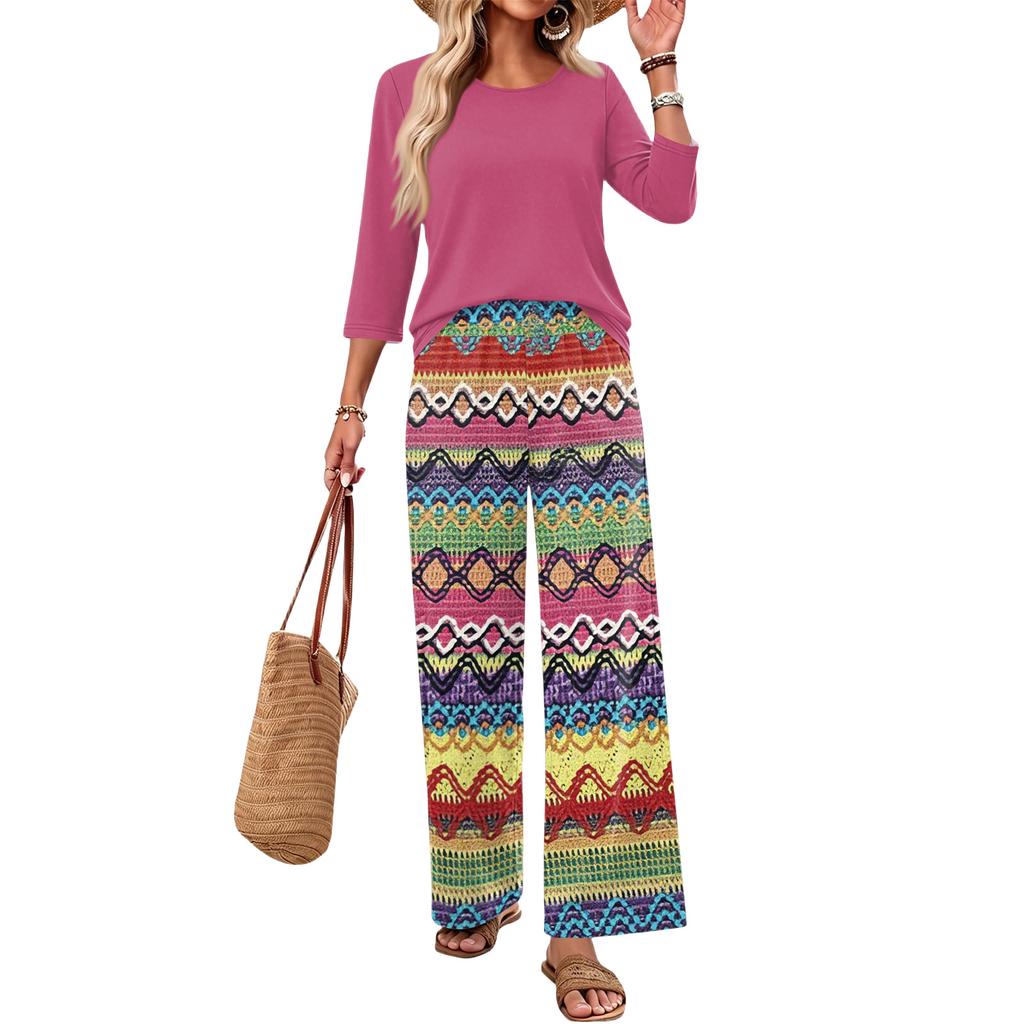 Women's Casual Loose Fit Two Piece Set Round Neck Three Quarter Sleeve Top and Wide Leg Printed Pants Lounge Outfit