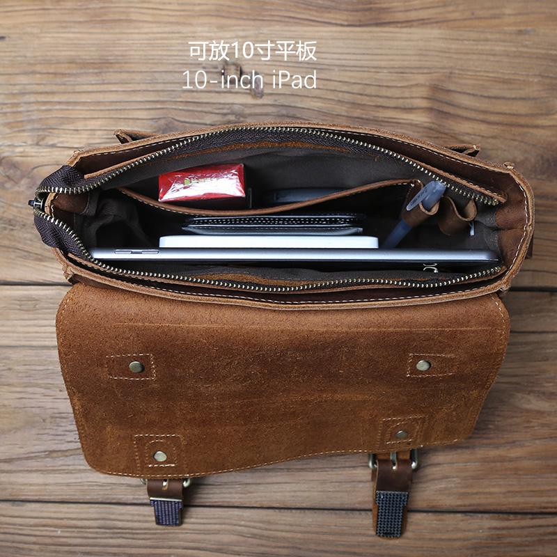 NZPJ Retro Leather Men's Mailman Bag Crazy Horse Men's Bag Top Layer Cowhide Shoulder Bag Casual Handbag For 10-Inch IPad