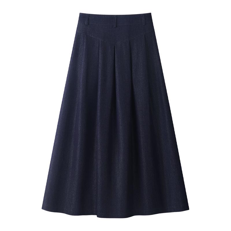 Women's High-Waist Dark Blue Denim Pleated Midi Skirt, 2025 New A-Line Slimming Design