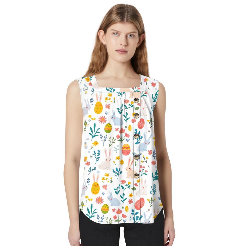 Moda damska Casual Podstawowy Plisowany Zwykły guzik Kwadratowy kołnierzyk Kamizelka bez rękawów Letnie podkoszulki z nadrukiem