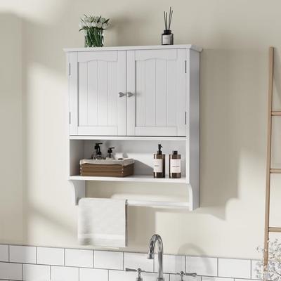 Armadietto da bagno - - Bianco - 2 ripiani regolabili - Portasciugamani a muro
