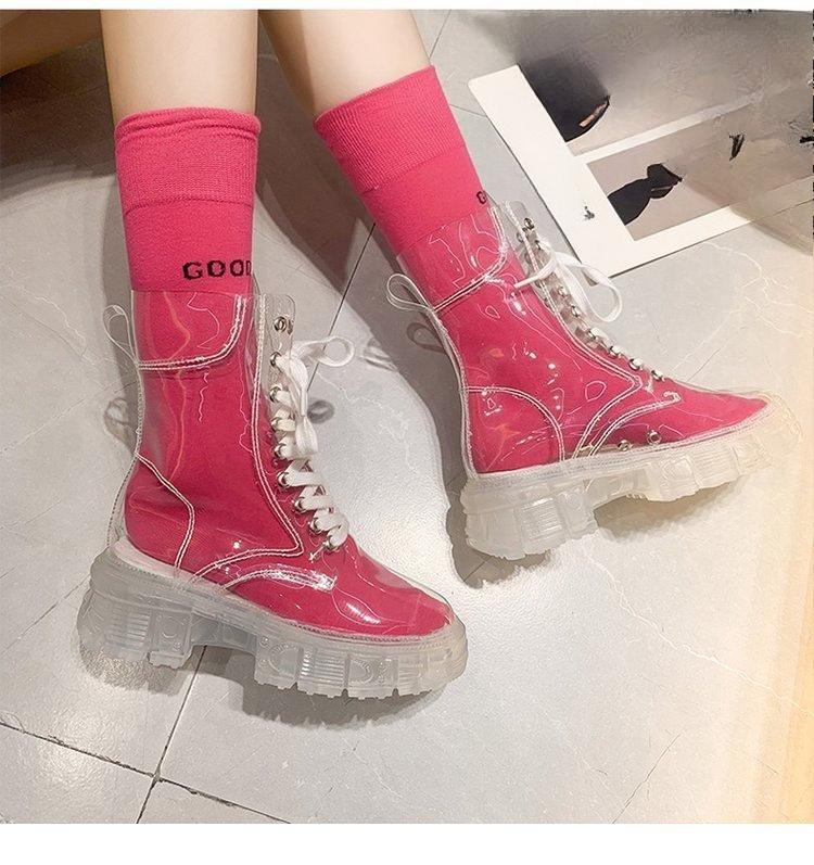 Modische Damen Transparent Plateau Stiefel Klare Ferse Kurzer Stiefel Sexy Dicke Sohle Trendige Persönlichkeit Mittelhohe Knöchel Stiefel