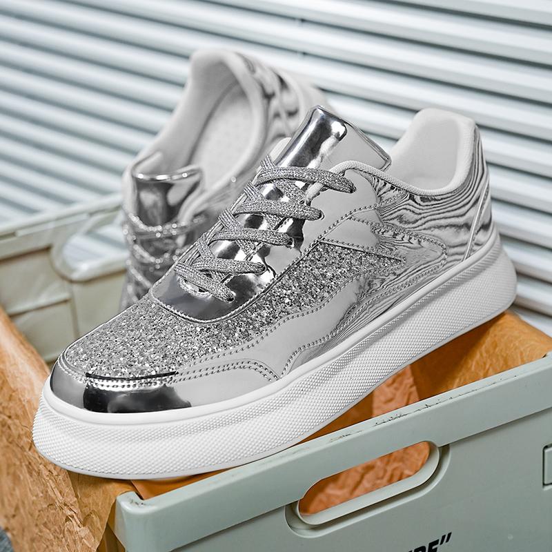 

Мужская блестящая обувь для пар Легкие черно-золотые женские кроссовки на низкой толстой подошве-платформе для школьников Большой размер EU: 45 серебряный