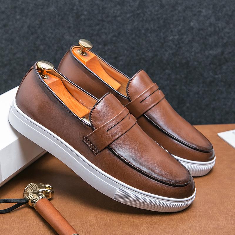 Men's British Style Leather Slip-On Loafers, Size 47 - Versatile Casual Sports Shoes