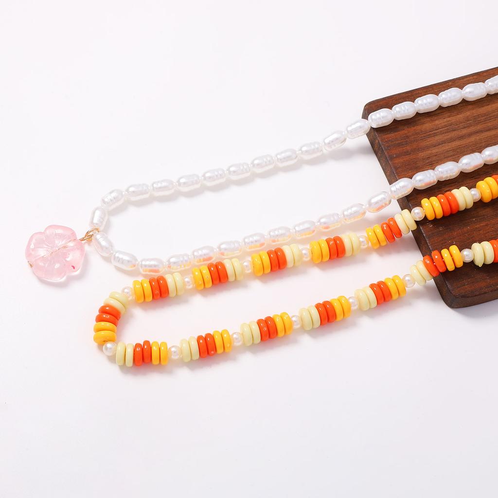 Dopamine contrasting color flat beads double-layered wearing imitation pearl flower necklace summer fresh and gentle holiday women's models