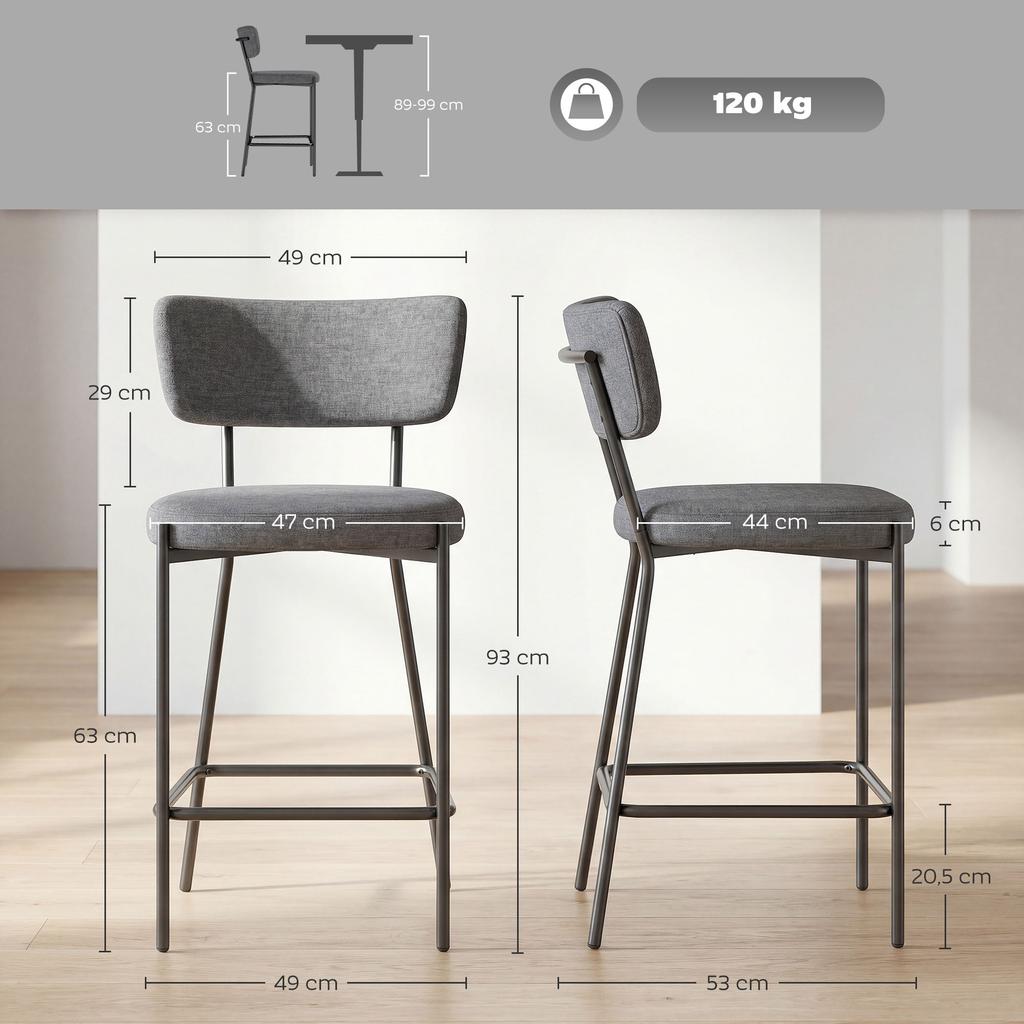 Bar Stools in a Set of 2, Upholstered Bar Chairs with Curved Backrest, for Kitchen Island, Breakfast Area, Grey