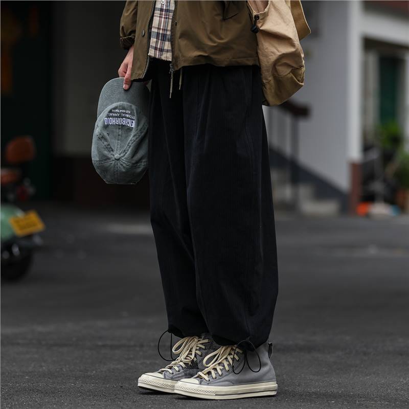 Spring and summer thin retro basic overalls men's and women's loose casual straight-leg pants solid color tied casual pants