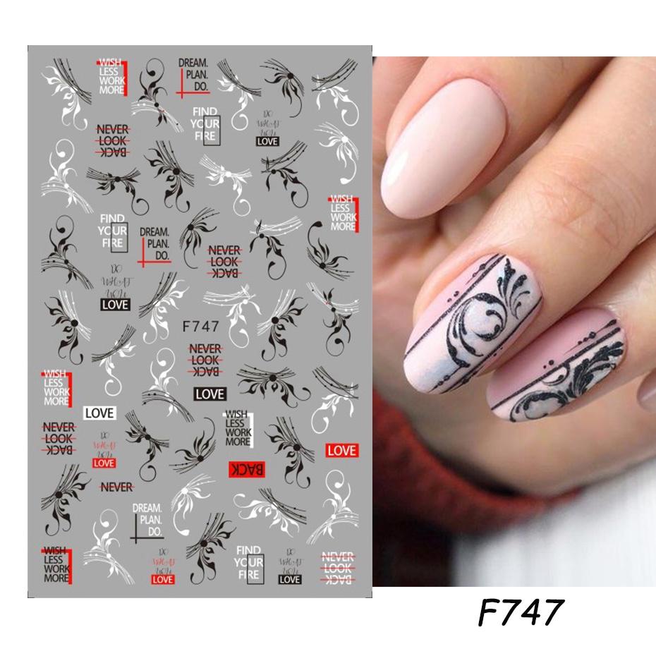 1 ark 3D självhäftande nagelklistermärken Dekaler Bokstav Blomma Löv Fjäril Våglinje Nail Art Decoraton