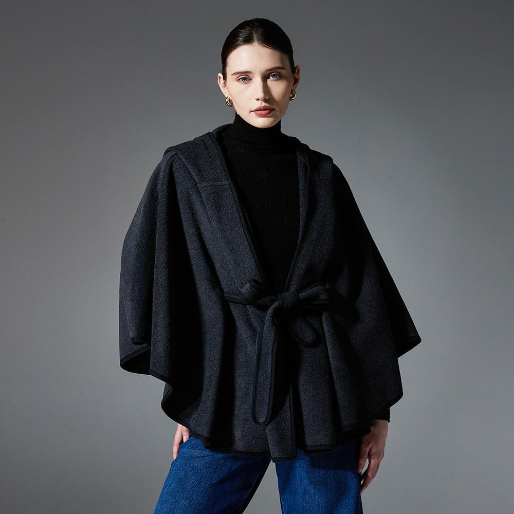 Damen Doppelseitiger Wollähnlicher Kapuzen-Cape-Schal, Poncho-Wickelmantel mit Schleifenband, 143×123cm Dicke Warme Oberbekleidung für Herbst Winter