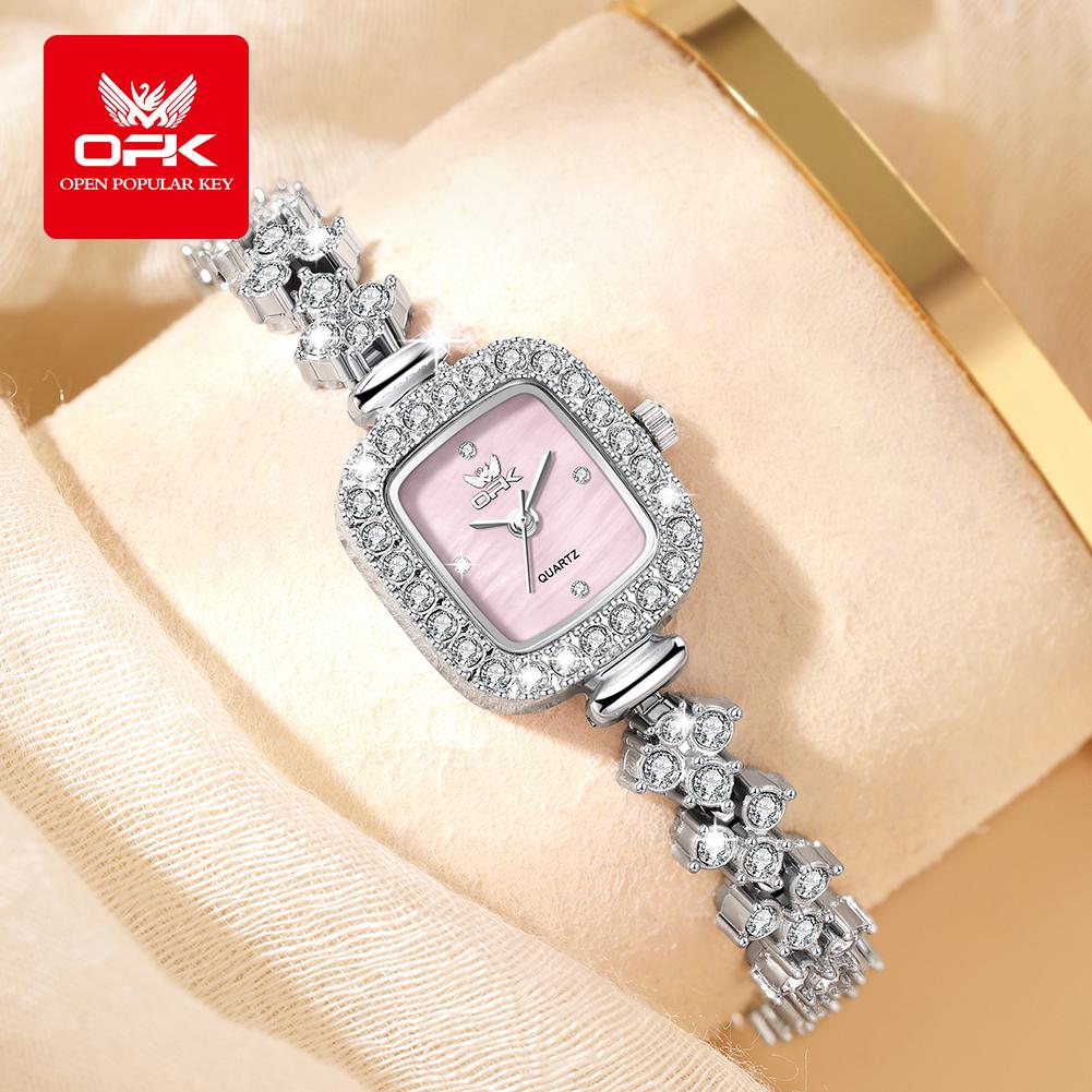 OPK 6058 Full Diamond Square Quartz Woman Watch Luxury Elegant Bracelet Wristwatch For Women 30M Waterproof Ladies Dress Watches