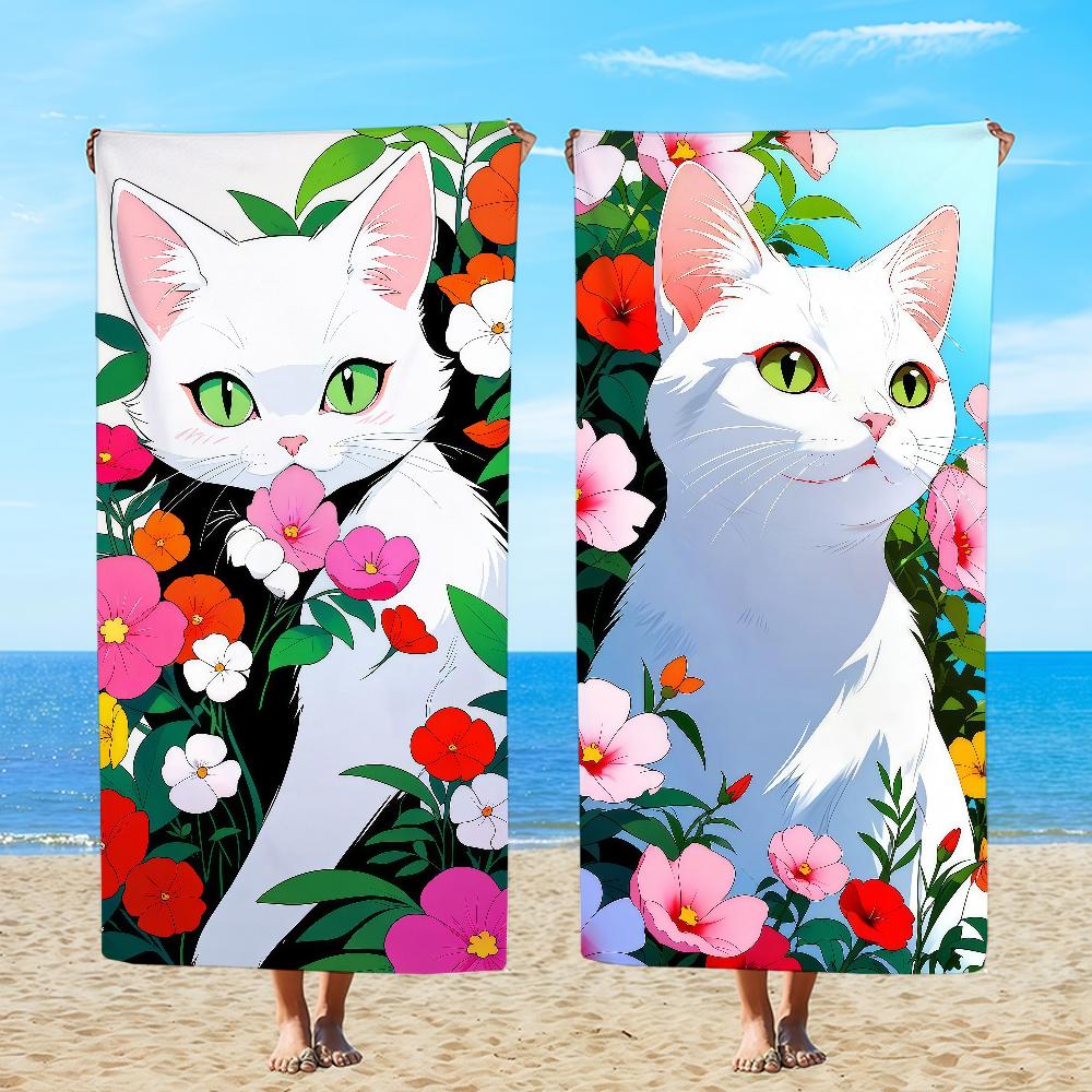 Towel Textile Flowers Bathrobe Beach Cat Surrounded Quick-Drying Adorable Lightweight Portable White Camping Swim Pool Travel